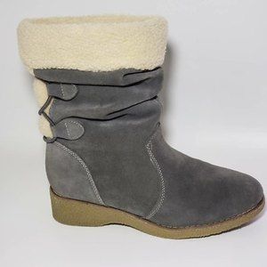 Lands End Womens Winter Boots Gray Beige Faux Fur Lined Mid Calf 7.5 D